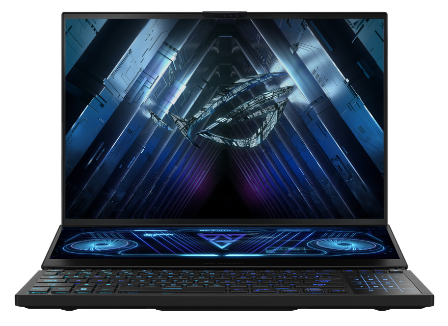 Rog Zephyrus Duo 16 Front View With Rog Fearless Eye Logo on Screen